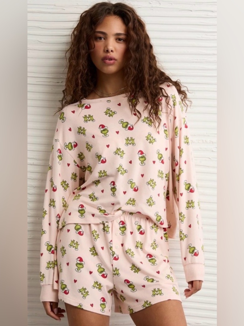 American Eagle Outfitters Pink Grinch Print Pajama Top & Shorts Set